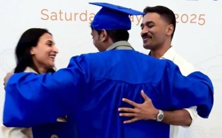 മൂത്തമകൻ യാത്രയുടെ ബിരുദദാന ചടങ്ങിൽ പങ്കെടുത്തു  നടൻ ധനുഷും സംവിധായിക ഐശ്വര്യ രജനീകാന്തും