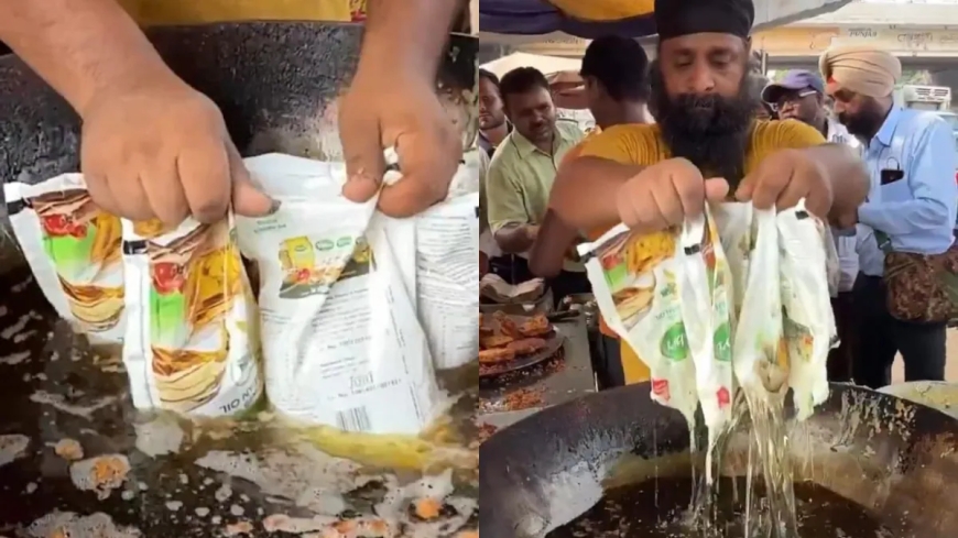 ചൂടായ എണ്ണയിൽ എണ്ണകവറുകൾ മുക്കി എടുക്കുന്ന കച്ചവടക്കാരൻ.. ദൃശ്യങ്ങൾ വൈറലാവുന്നു